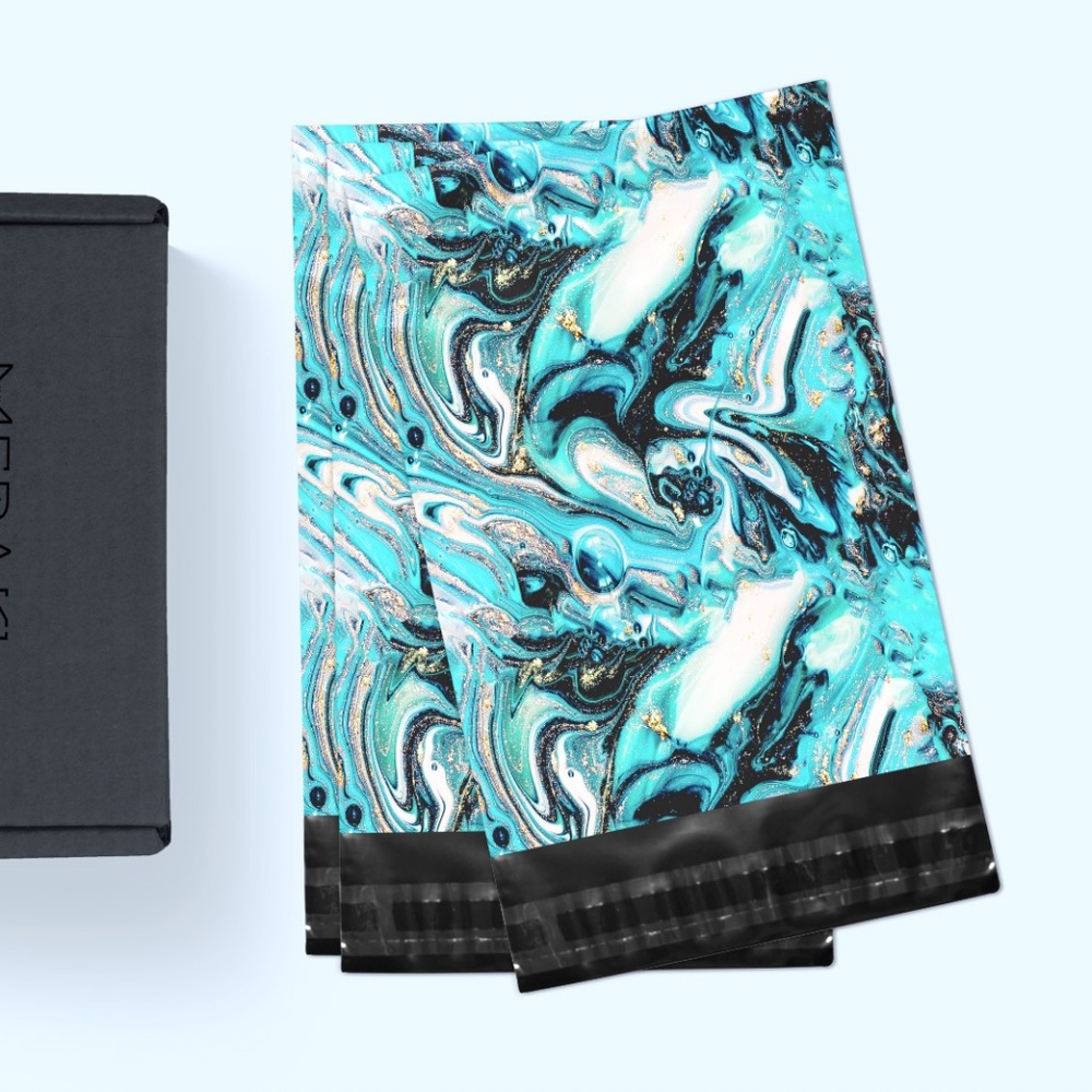 100 Pack Designer Custom Poly Mailer Shipping Bags 10x13 - Turquoise Marble